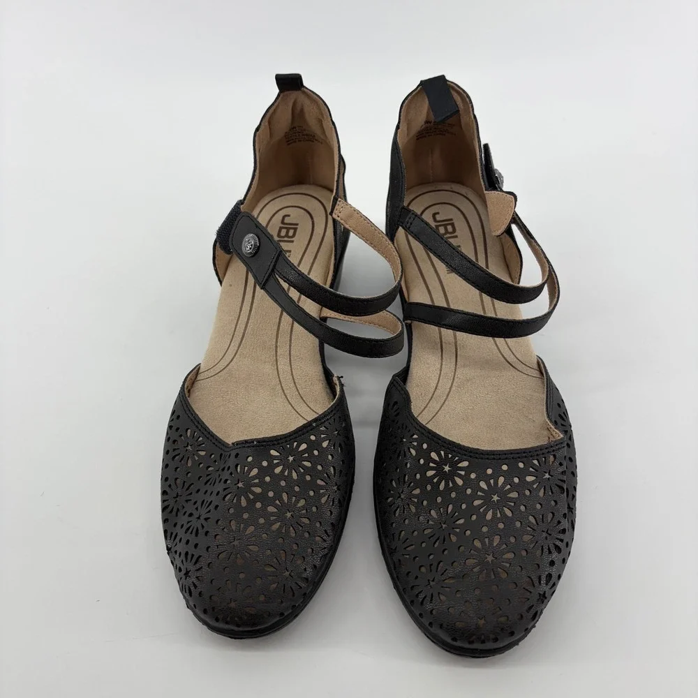 JBU Womens 9.5W Black Bethany Wide Mary Jane Floral Laser Cut Wedge Sandals